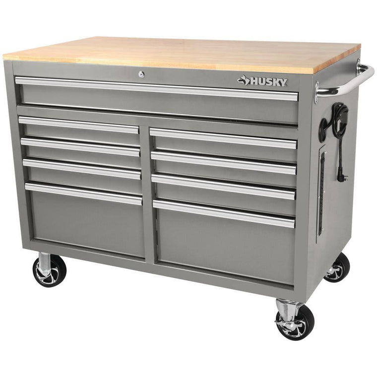Husky 46 in. W x 24.5 in. D 9-Drawer Gloss Gray Deep Tool Chest Mobile Workbench with Hardwood Top